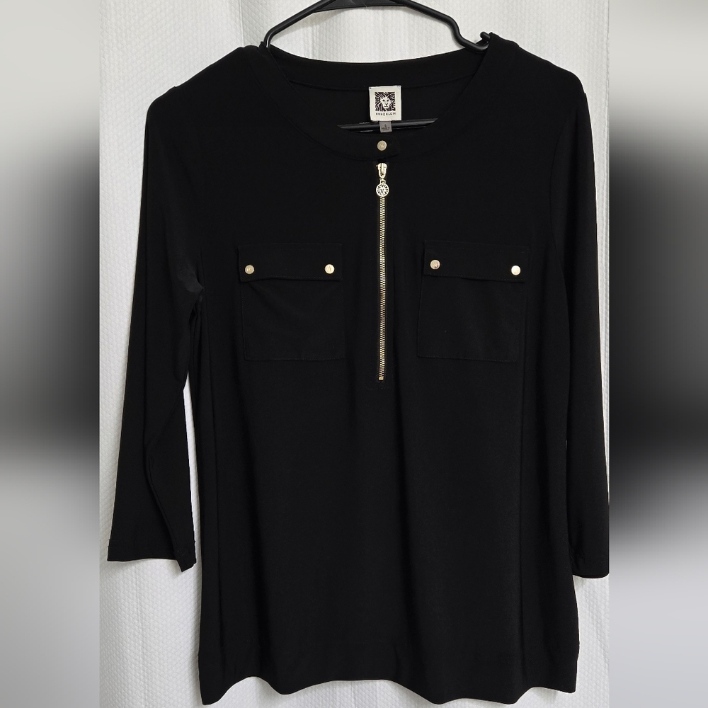Anne Klein Black Blouse with Gold Zipper